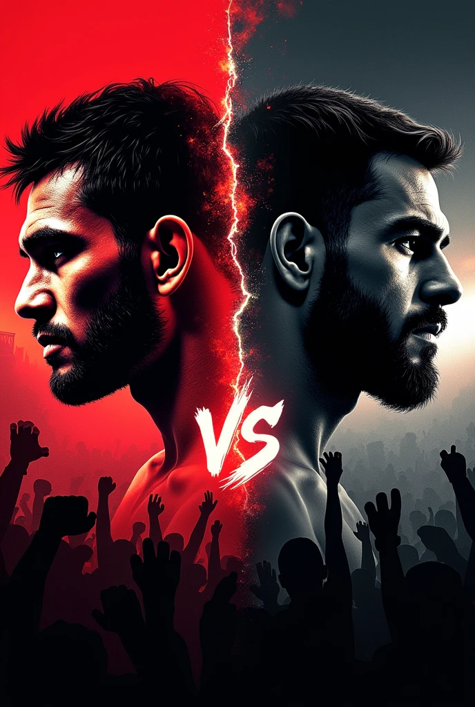 An mma banner black and red theme with a vs with their half face not facing each other