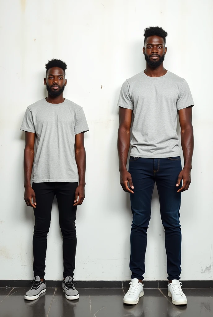 A before and after picture of a 25 years old brown skinned man standing in-front of white wall that have small stains, who increased his height by 20 centimeters, wearing a t-shirt, make it realistic