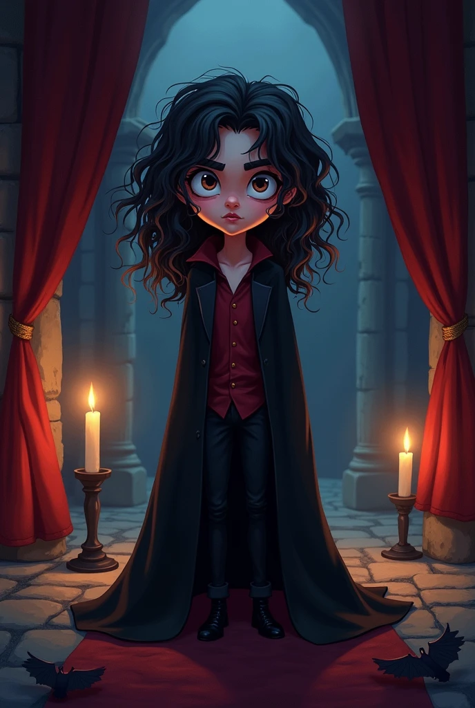 Create a cartoon image of a young vampire with long, curly hair.. He is in a dark and mysterious environment, with dim lighting and deep shadows. The vampire has an enigmatic expression and an intense gaze, with slightly visible teeth. The background should be a mix of gothic and dark elements, Like stone walls, heavy curtains and flickering candles.
