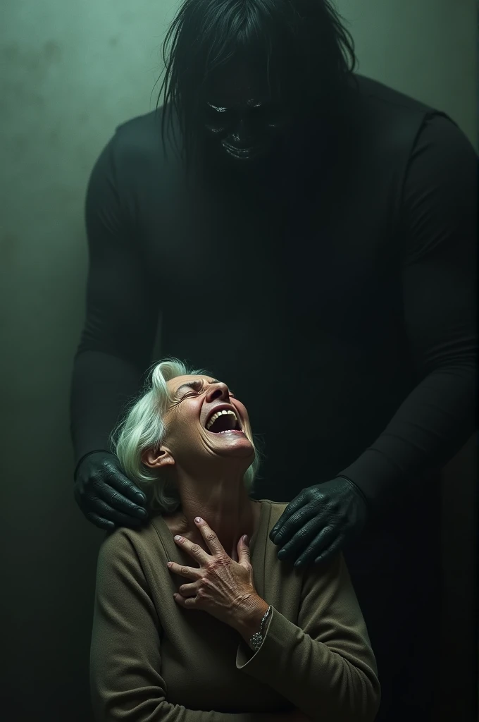 63-year-old woman screaming in pain as she is surrounded by a terrifying black figure