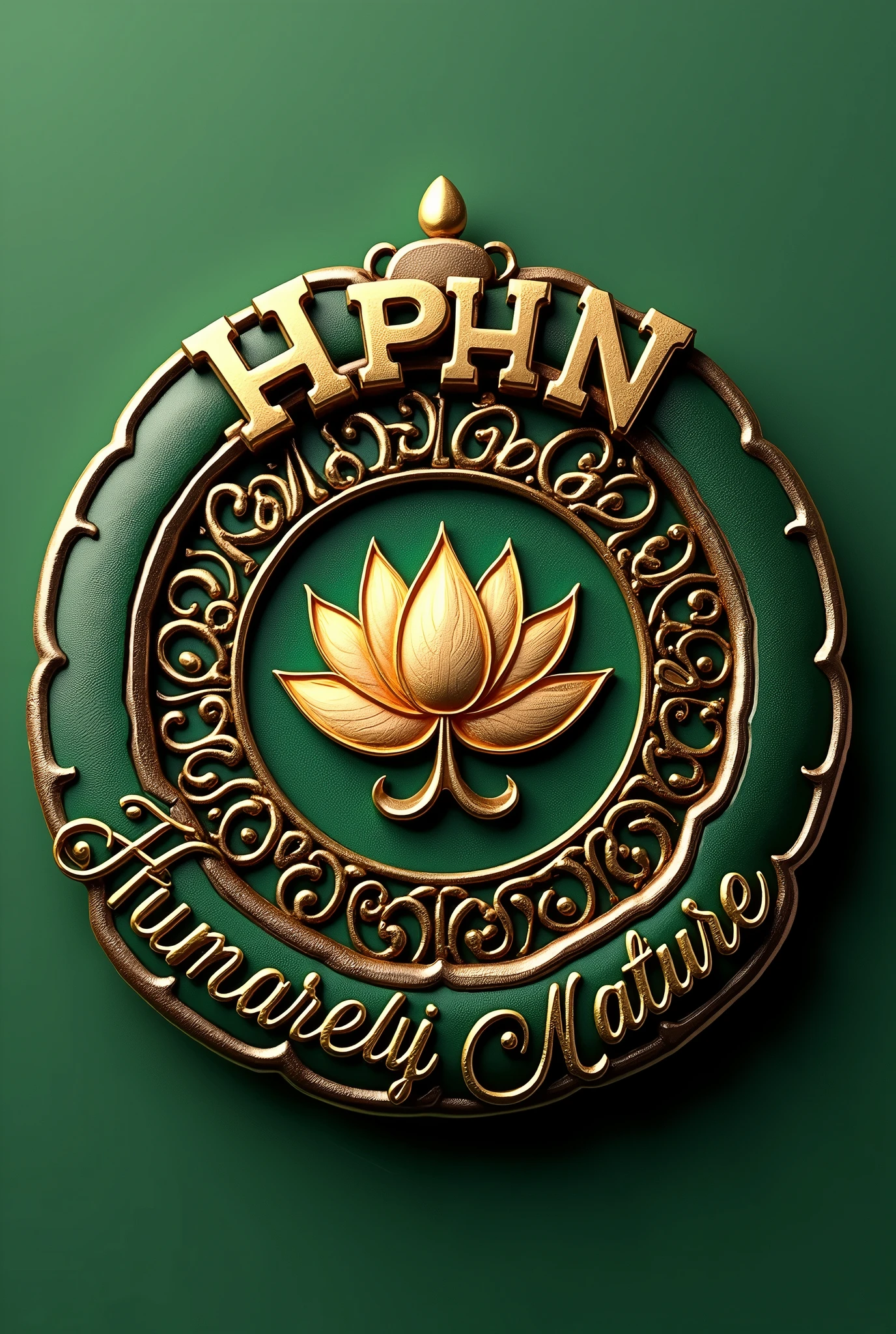 Generate brooch design of a political party name 'HPHN' mentioned on it, with slogan 'Humari Party Humara Nature', with lotus logo in centre