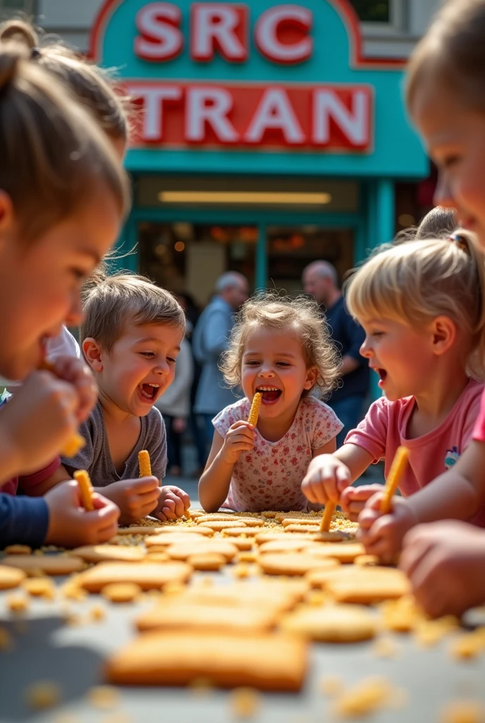 Make me a 4D image of children having a cracker eating competition in front of a shop that says SRC OTRAN in HD quality
