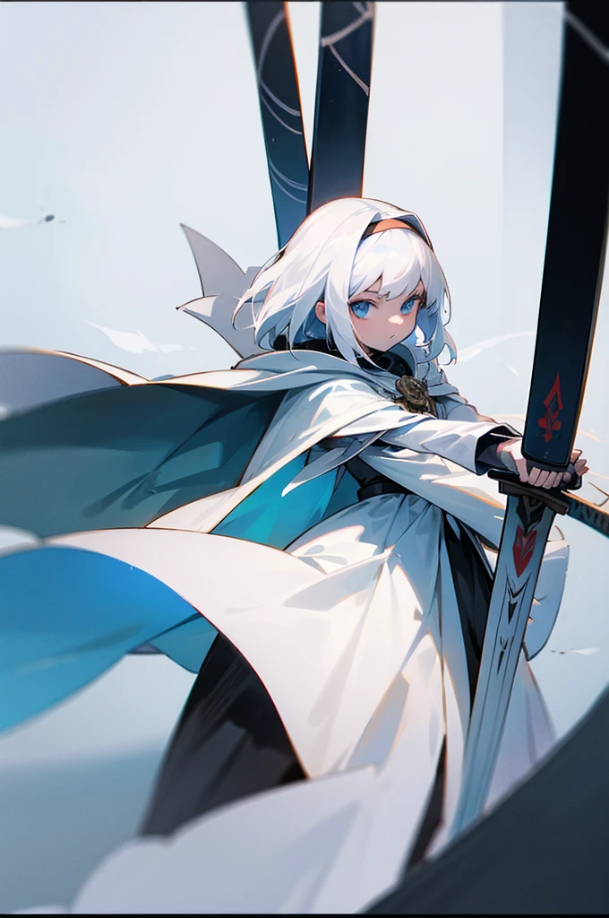 A small girl with white hair, wearing white armor and a cloak, wielding twin swords.