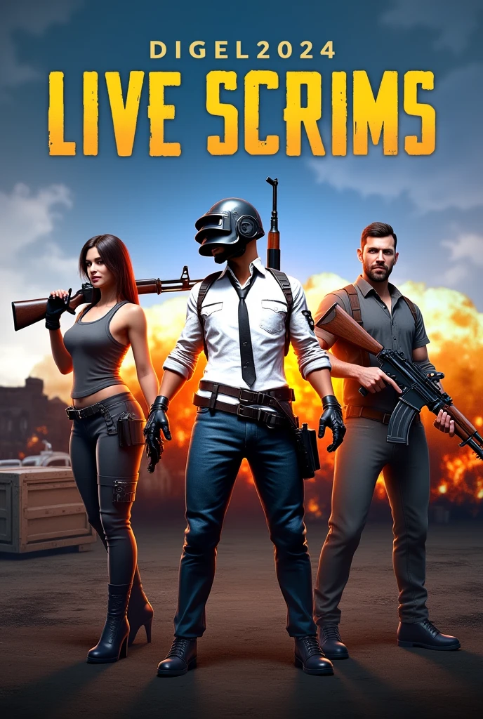 Create pubg Banner 
Including characters _sara_andy_carlo
Including _akm gun m416 glacier 
Include headline - Live scrims 2024