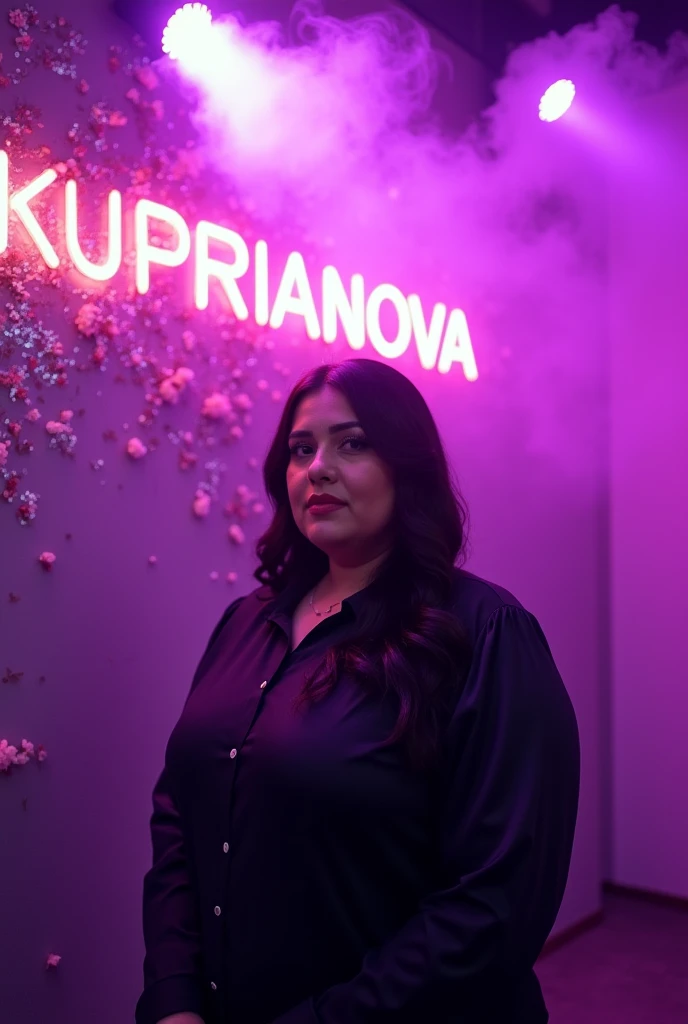 A very heavyset woman with dark hair, wearing a black blouse, stands against a purple wall. There's a lot of purple smoke with lighting on the wall. Neon letters spell out 'KUPRIANOVA'. There are glitter and flowers.