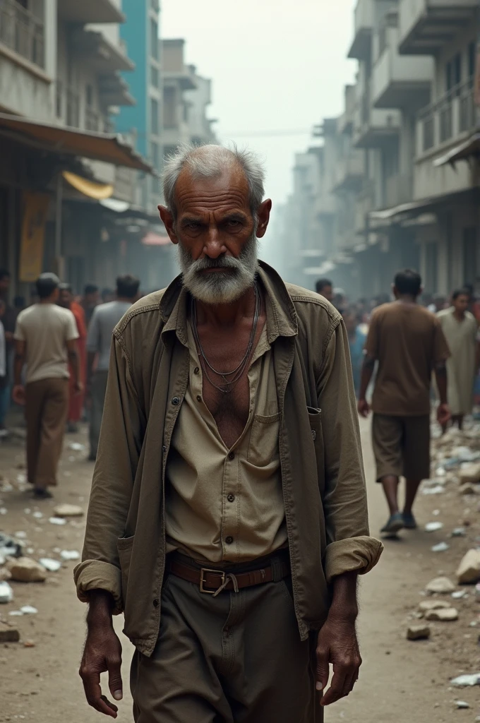 2. **Poor Man's Condition:** A picture of a poor man showing him in his tattered clothes, with a dejected face.