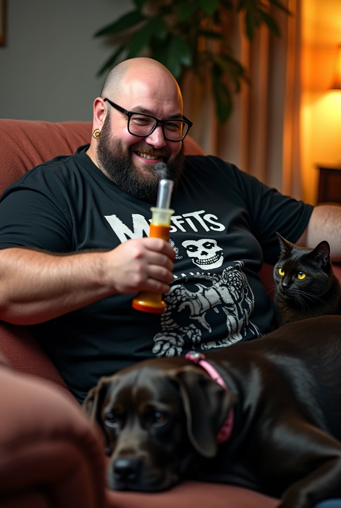 chubby man, offwhite, Bald with a short black beard and eyeglasses. Small golden hoop earrings and a black Misfits band shirt. Sitting on a sofa watching TV with a bong in hand and a black and yellow scaly cat sleeping beside him and a large dark brown labrador dog with a pink collar lying at his feet
