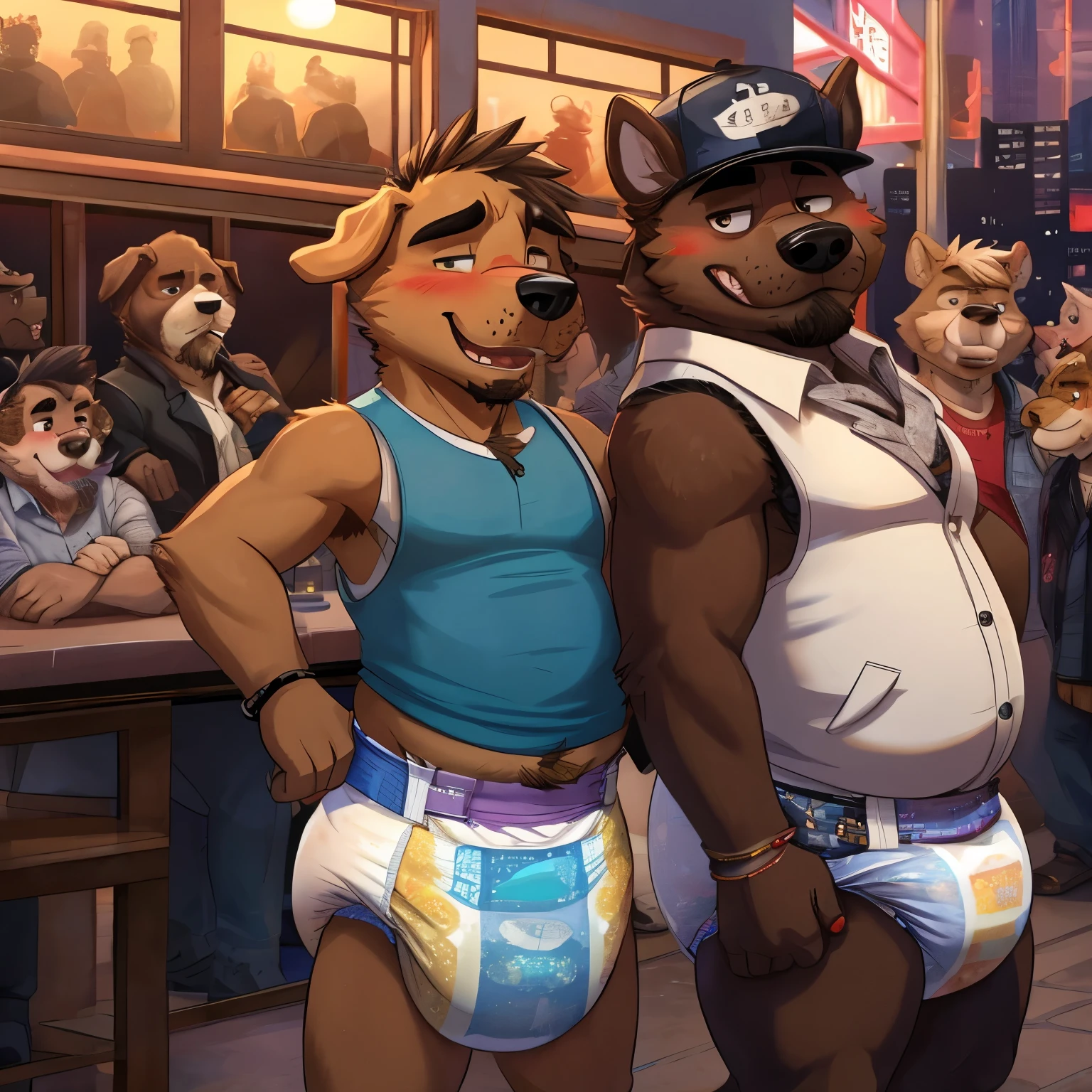 scruffy, handsome, chubby, male, anthropomorphic brown dog, thug, gangster, wearing a diaper, wearing a white vest, wet diaper, messy diaper, blushing, farting, people in background,