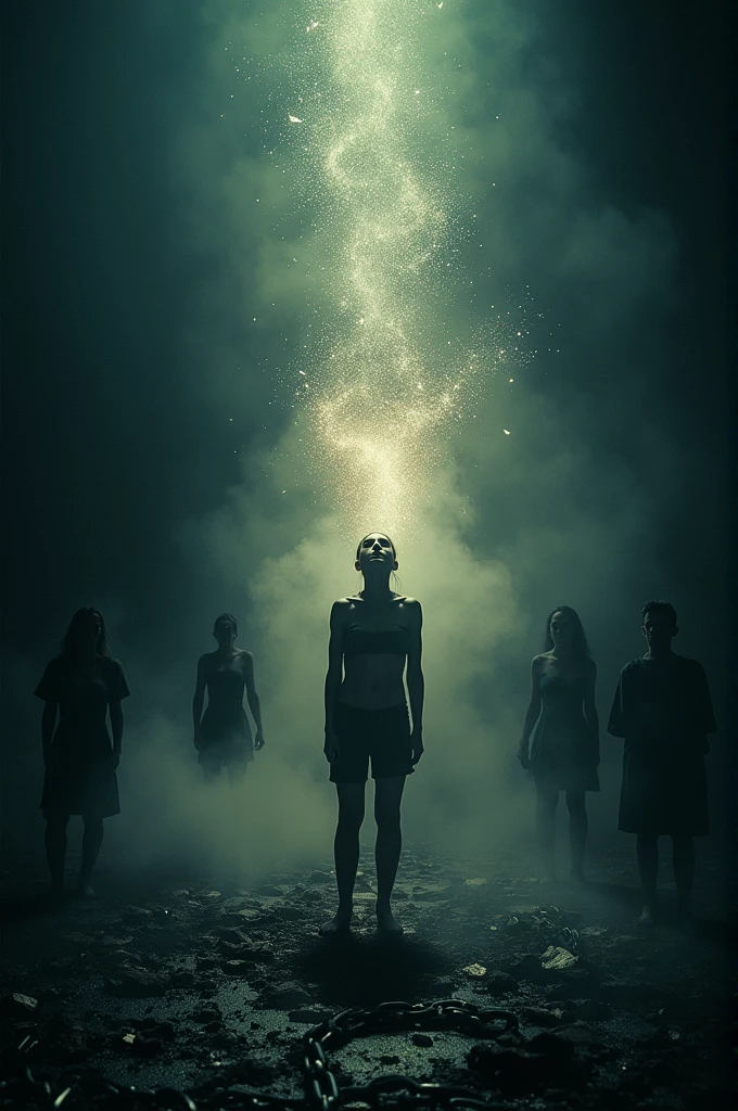 Imagine a person standing in a dark room, surrounded by chains shattering into pieces around them. The expression on their face reflects relief and determination. In the background, shadows hinting at familiar figures or past partners are insinuated, Fading as the chains break. The predominant colors should be dark and cold for the background, with a warm, luminous contrast on the central figure representing liberation. The image should convey the idea of breaking free from destructive patterns and finding light after darkness.