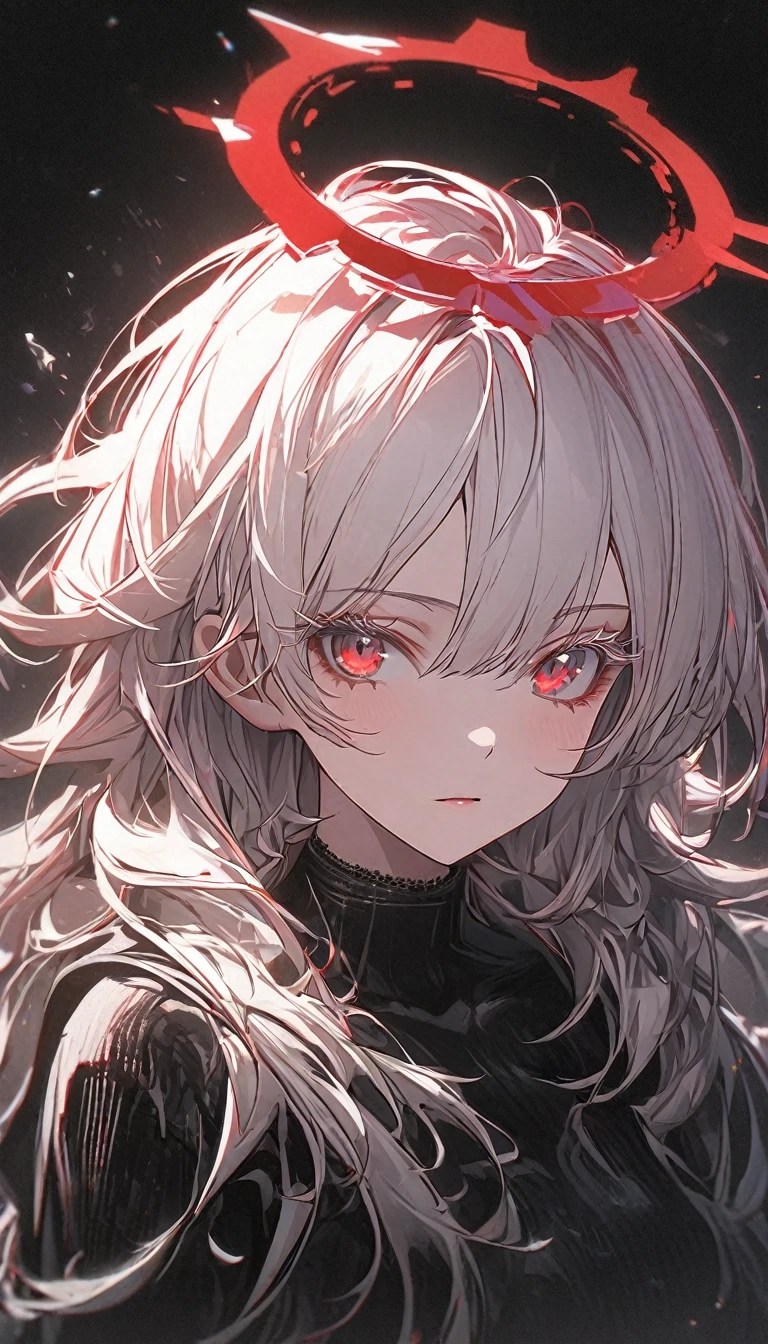 1girl, white hair, wild hair, red eyes, (white eyelashes:1.2), emotionless, red glow halo, (chromatic aberration:1.2), solo, digital dissolve, black bodysuit, 20 years old, mature, arrogant expression, black background, look at viewer