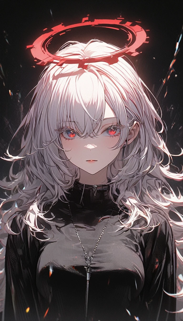 1girl, white hair, wild hair, red eyes, (white eyelashes:1.2), emotionless, red glow halo, (chromatic aberration:1.2), solo, digital dissolve, black bodysuit, 20 years old, mature, arrogant expression, black background, look at viewer 