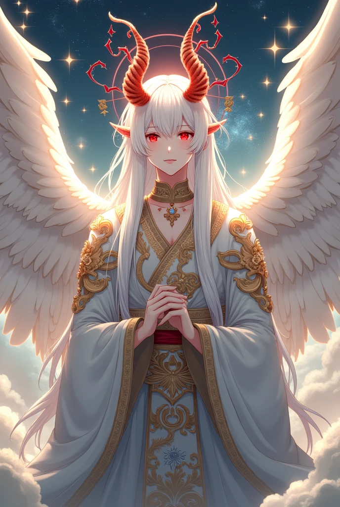 Anime like Irdrasses Samael with purest white hair and purest Luminous red eyes and hia true form is described as having two pure large Crimson horns on his forehead, a grey-red star halo on his head, and 12 Magnificent Purest white wings on his back. He is a Male and Is Wearing Shinto-Chinese imperial like clothes adorned with gold and Platinum, he is the most beautiful of all and is most gorgeous.