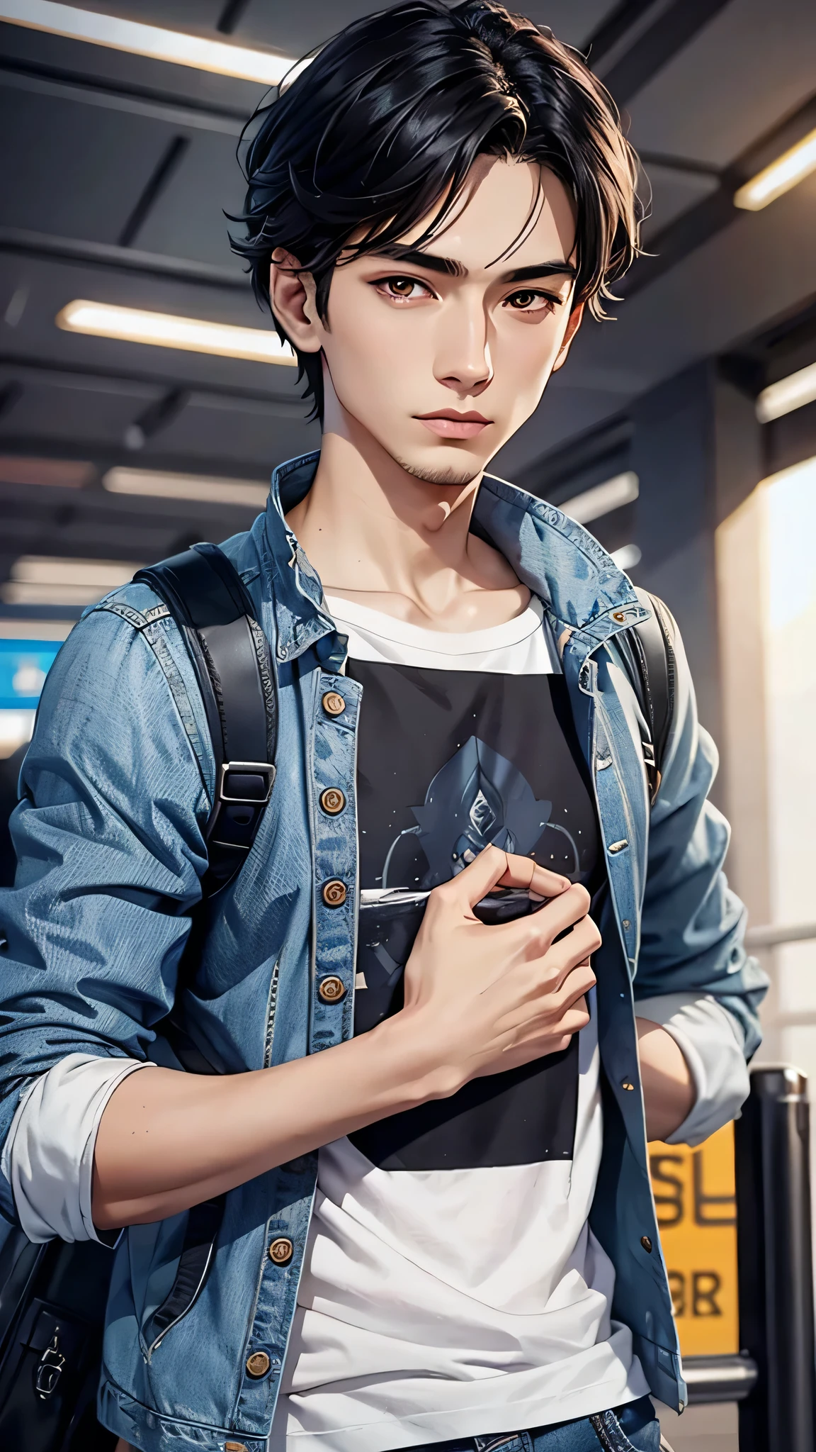 最high quality、Best image quality、masterpiece、male((18-year-old、slender、Stubble、Have a camera、White shirt、Red eyes、Cool hairstyle、Black Hair、Fighting Pose、Black rider jacket、Blue denim trousers、Black Rucksack))high quality、Beautiful art、background((Inside the airport)),Tabletop、Exquisite design、Visual Arts、Written boundary depth、Best lighting、Highest detail、8k