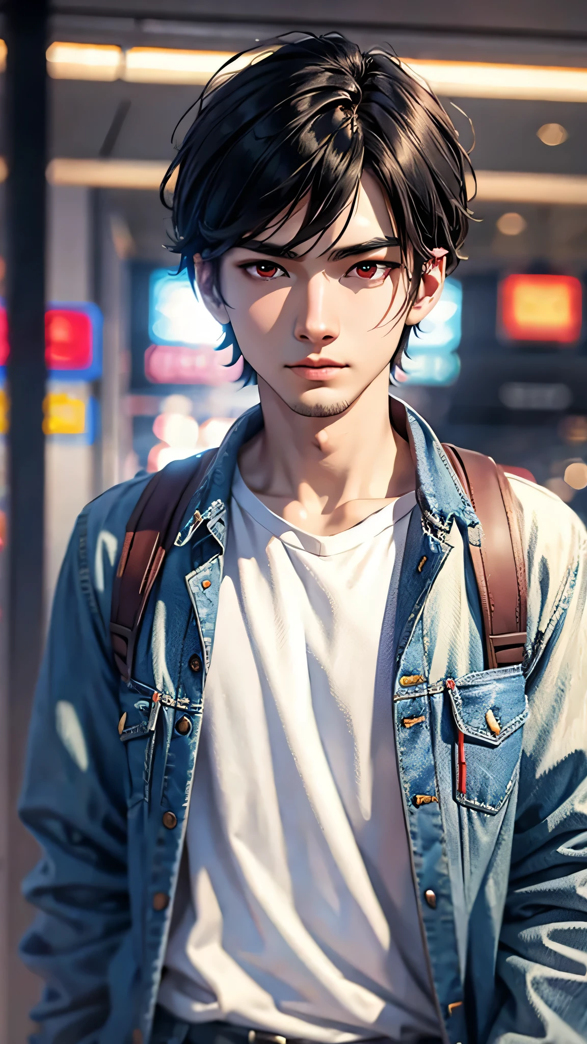 最high quality、Best image quality、masterpiece、male((18-year-old、slender、Stubble、Have a camera、White shirt、Red eyes、Cool hairstyle、Black Hair、Fighting Pose、Black rider jacket、Blue denim trousers、Black Rucksack))high quality、Beautiful art、background((Inside the airport)),Tabletop、Exquisite design、Visual Arts、Written boundary depth、Best lighting、Highest detail、8k