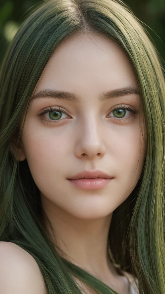 portrait of a girl. european. extremely detailed face. delicate features. oval face. long face. droopy. seductive. half-closed eyes. green eyes. long, straight, very thick hair. green hair. gentle smile. shy