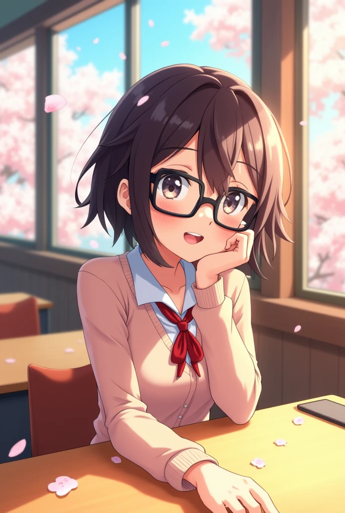 "An anime character of a female student with short hair and glasses, sitting next to me or sharing the same desk, looking at me with her hand touching her cheek and a sweet, cute smile."