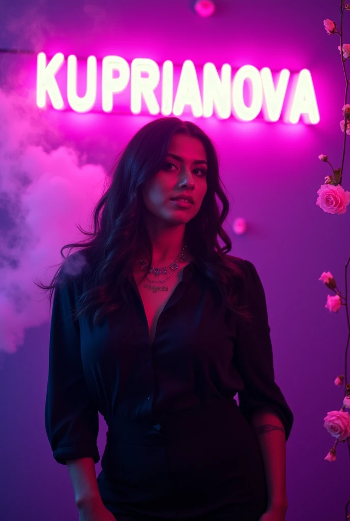 A very heavyset woman with dark hair, wearing a black blouse, stands against a purple wall. There's a lot of purple smoke with lighting on the wall. Neon letters spell out 'KUPRIANOVA'. There are glitter and flowers.