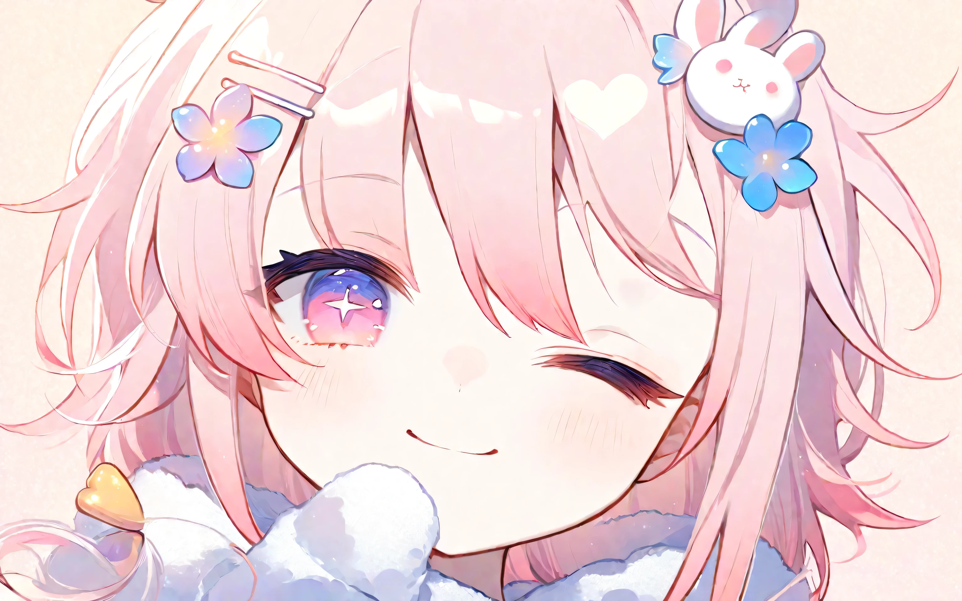 Create an anime-style VTuber character with the following features:

- Hair: Short, layered pink hair with white tips, styled with a slight messiness.
- Accessories: Hair adorned with a small, cute bunny clip and white flower hair clips.
- Eyes: Large, expressive eyes with a warm golden hue.
- Expression: Varying expressions such as winking, smiling softly, or looking sleepy.
- Clothing: Adorable, cozy clothing with a touch of cuteness, like oversized sleeves or a fluffy scarf.
- Background: Simple backgrounds with pastel colors, often incorporating small, cute elements like hearts or stars.
- Style: The overall art style should be vibrant and cute, with a focus on capturing a warm and friendly personality."

