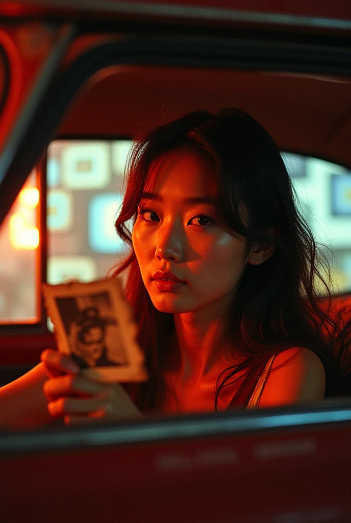 a korean woman is seen in a car while holding up a picture, in the style of nam june paik, dark orange and red, mao hamaguchi, b-movie aesthetics, photo taken with provia, ferrania p30 --ar 62:55 --v 6.0 --s 750