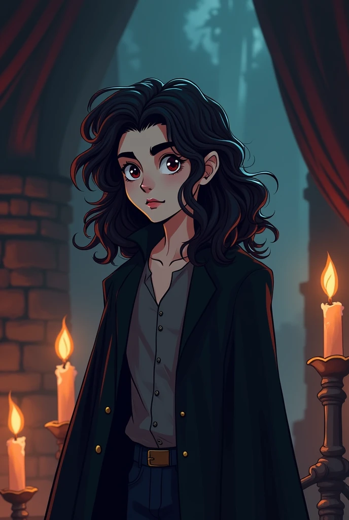 Create a cartoon image of a young vampire with long, curly hair., being faded at the ends on the right side. He is in a dark and mysterious environment, with dim lighting and deep shadows. The vampire has an enigmatic expression and an intense gaze, with slightly visible teeth. The background should be a mix of gothic and dark elements, Like stone walls, heavy curtains and flickering candles.
