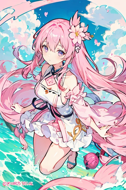 (flying debris), (Highest quality), Very detailed, ((1 person)), Focus Only,dynamic,((smile)),Perfect Face, Beautiful Face, Very detailedな顔,(Pink long hair_Pink Eyes:1.wimwear,Idle only,Gorgeous hair ornament,smile,Large Bready Beach,Underarm、Sweat、look up,smile,solo, 1 personの, Blushing,