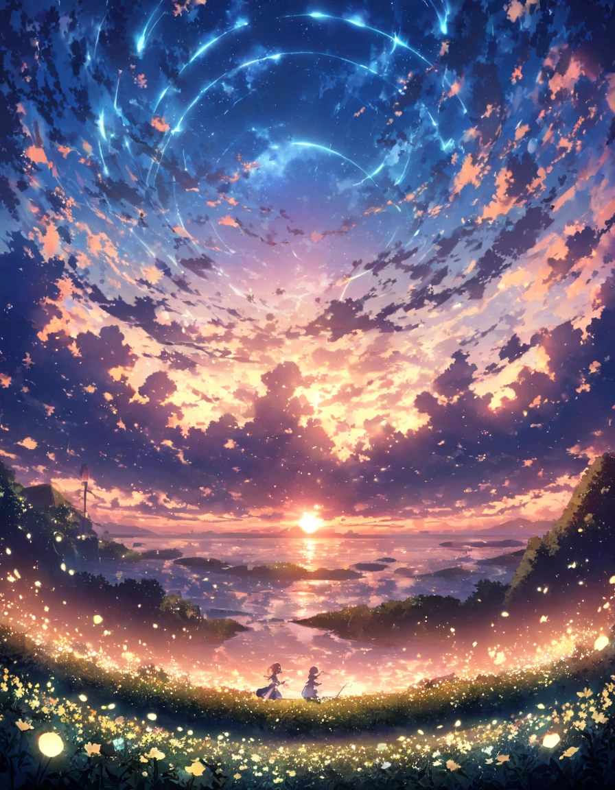 blue sky,Reflecting ocean、Sunlit clouds、Nobody is here、(((There is no one)))、 Humans disappear、 ((Sea of firefly flowers))、Firefly flowers bloom、((A field of firefly flowers across the entire landscape))、(Many firefly flowers:1.5)、Vast landscape photography , (((Landscape only))), holding a fae wand、Fireflies are flying around. The background features cloud flowers of various sizes.., dream-like, 青い色調のdream-like雰囲気. High definition anime style, High resolution, Capturing the vastness of nature. Soft lighting creates a warm atmosphere.(Glowing lights, Atmospheric lighting), dream-like, Magic,horizon、