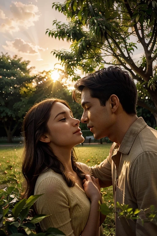A warm and bright scene where a man finds a woman under a leafy tree. The woman radiates soft light, symbolizing inspiration and blessing, with a golden sky at sunset that envelops the scene."