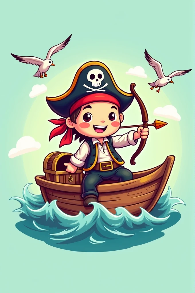 Create a logo for the archery club.Chibi style. Pirate figure sitting on a boat sailing through waves, just archery. Cheerful style