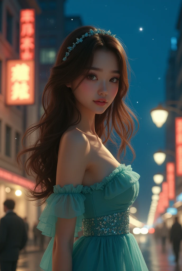 (Best quality, 8K, Masterpiece: 1.3), Clear focus: 1.2, Beauty: 1.4, Abs: 1.1, Brown hair, Aqua dress: 1.4, Night outdoors: 1.1, City streets, fine face and eyes, double eyelids. Realistic lighting added, pay attention to adjust the proportions.