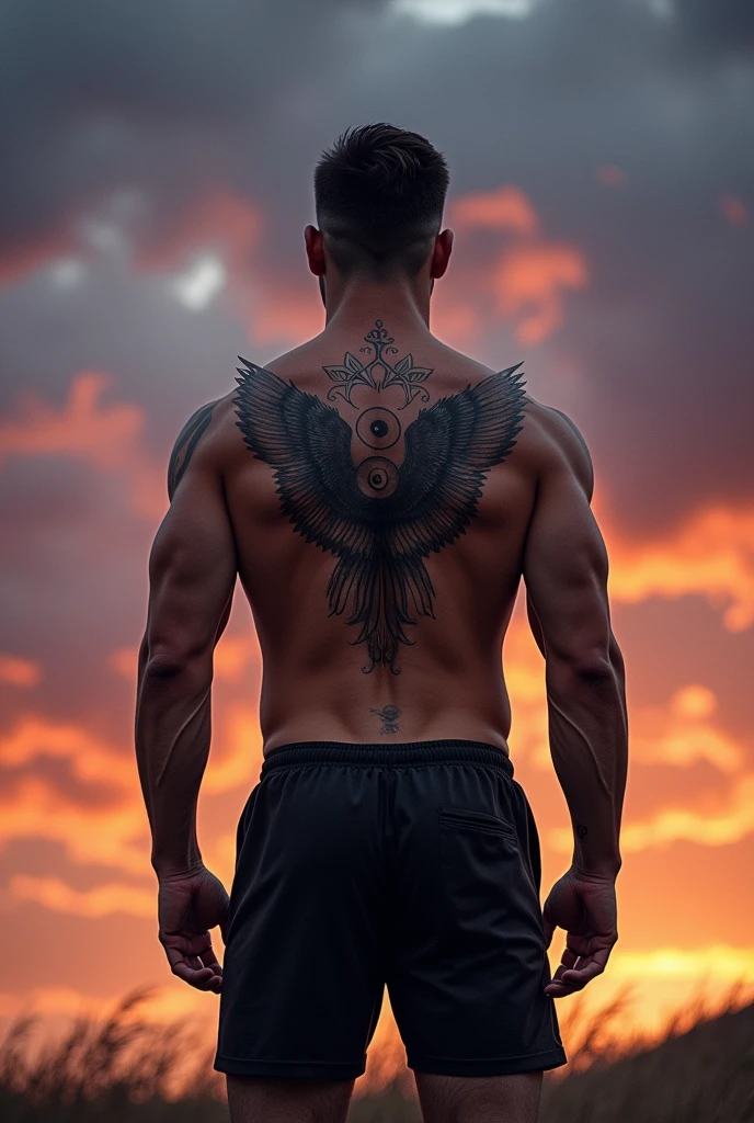 Strong man with his back turned, showing a yin yang tattoo with wings on his back, extending towards his shoulder.