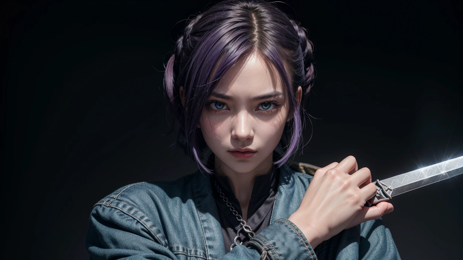 a detailed close-up captures a vibrant anime character, their gaze directed towards the upper right corner of the frame. the character is clad in a blue jacket, adorned with a white collar and a black belt. a rope is tied around their neck, adding a touch of casualness to their attire. their hair, a striking shade of purple, cascades down their back, adding a dynamic element to the composition. the character's right hand is positioned on a black sword, while their left hand is held in a relaxed gesture. the sword, a silver hue, is held in the character's right hand, while their left hand is held in a relaxed position. the backdrop features a blue sky, providing a stark contrast to the character's vivid colors.