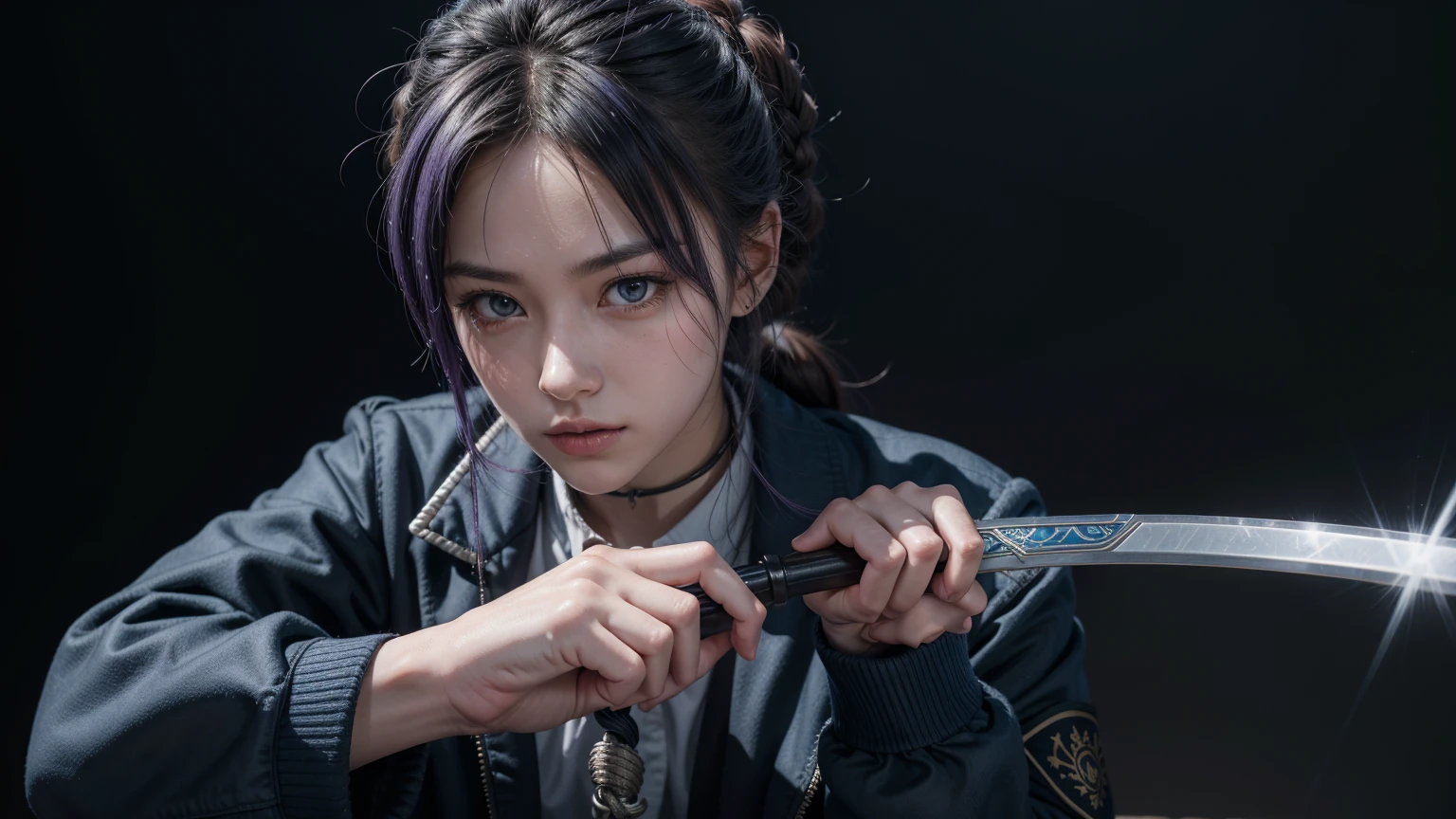 a detailed close-up captures a vibrant anime character, their gaze directed towards the upper right corner of the frame. the character is clad in a blue jacket, adorned with a white collar and a black belt. a rope is tied around their neck, adding a touch of casualness to their attire. their hair, a striking shade of purple, cascades down their back, adding a dynamic element to the composition. the character's right hand is positioned on a black sword, while their left hand is held in a relaxed gesture. the sword, a silver hue, is held in the character's right hand, while their left hand is held in a relaxed position. the backdrop features a blue sky, providing a stark contrast to the character's vivid colors.