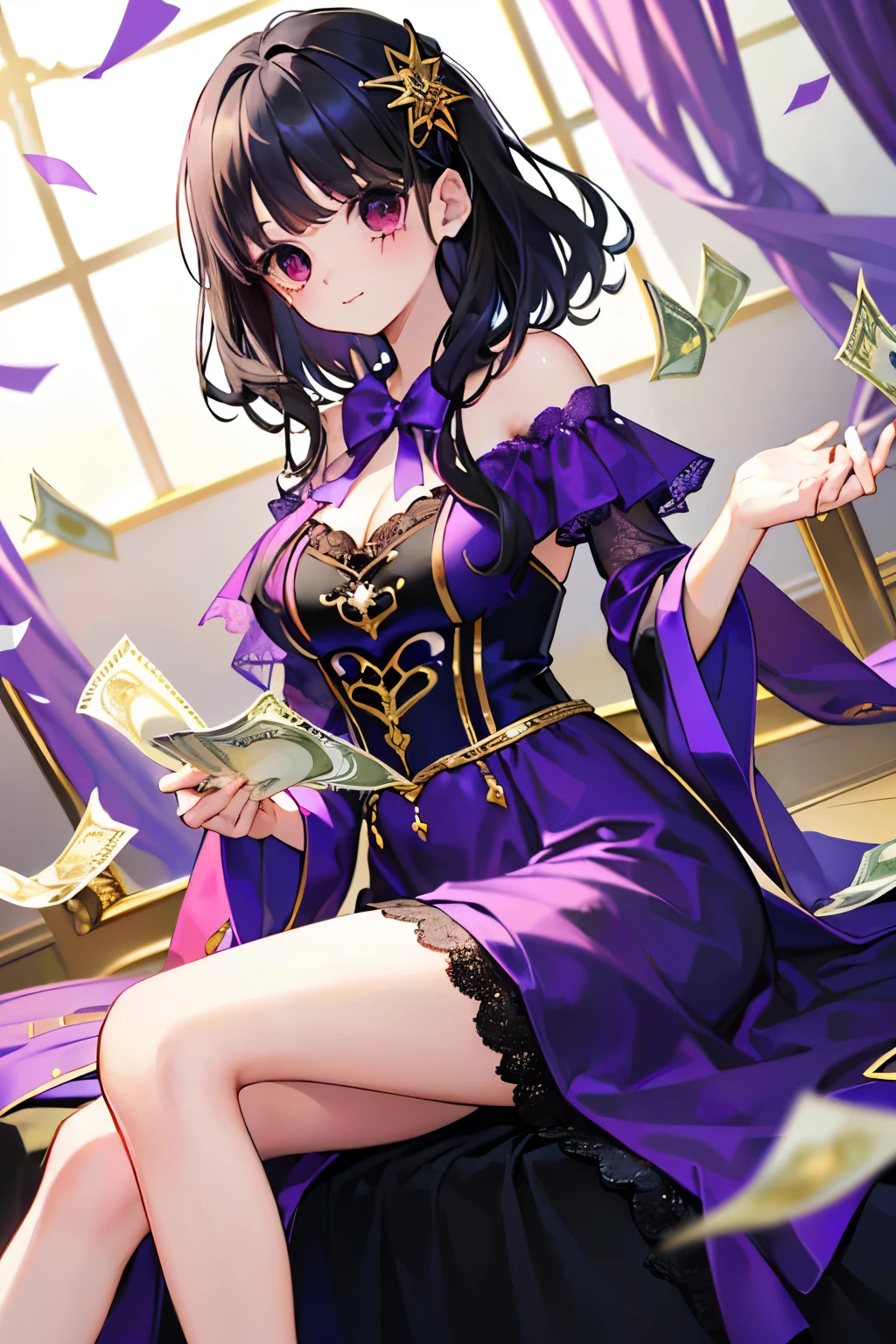beautiful cute girl,((black hair:1.2)),(Medium wave hair:1.1),(purplered eyes:1.2),((volume and gorgeous dress:1.2)),(gold venice carnival costume:1.2),((lace:1.2)),(首を傾げる:1.3),((Happiness:1.1)),(sitting on lap:1.2),((pay a large amount of money floating in the air:1.25)),close-up Face.