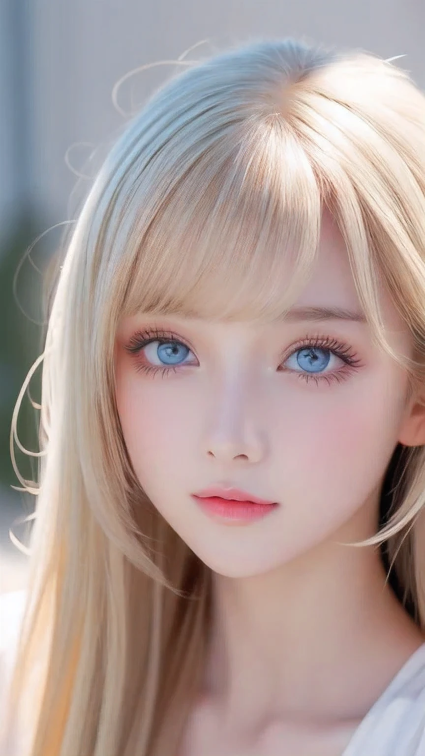 Incredibly bright, white, glossy, beautiful skin、Blonde hair color that changes with reflected light、Bangs between the eyes blocking the view、Glossy highlight on cheeks、sexy, very beautiful, lovely, cute, gorgeous face、The most beautiful face in the world、15-year-old beautiful girl、Super long blonde hair、smooth, straight hair、Big Breasts, Large, bright, azure eyes that sparkle、Beautiful eyeliner、Beautiful bangs、Small Face Beauty、beautiful round face、Very beautiful appearance、Very pure white girl、Cheek highlighter