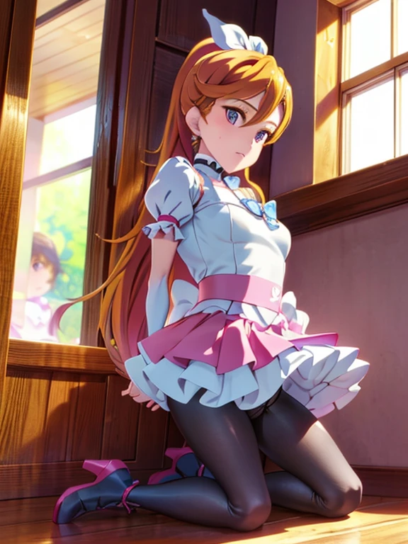 Cure Rhythm、Pretty Cure、Blonde、Long Hair、c cup breasts、Photo from below、(Inside the Jail)、One girl、((Pantyhose with holes))、(boots)、ponytail、(Being restrained)、Kneeling、(Black Pantyhose)、Spread your legs