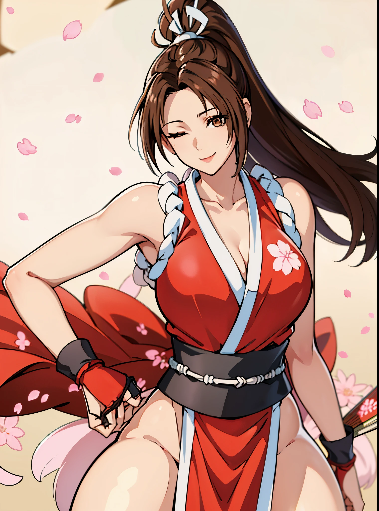 Close up portrait of woman in red costume holding sword, mai shiranui, kunoichi, yoko matsugane as Mai Shiranui, fighting game character, King of Fighters character, Akali, Tifa, Fascinating anime, Very detailedなアートジェム, Female Anime Characters, seductive Tifa lockhart portrait, Katana Zero video game characters、((Close one eye:1.3))、((8k)), ((32K)), ((Highest quality)), ((masterpiece)), ((超High resolution)), ((Tmasterpiece)), (((head shot:1.6)))、((8k)), ((32K)), ((Highest quality)), ((masterpiece)), ((超High resolution)), Fine skin、女性1 person、Red dress、((mai shiranui:1.2)), Expose your shoulders、Brown Hair, Brown eyes, Long and high ponytail, hair band, 1 person、Age 25, Japanese Mature, beautiful指, beautiful長い脚, beautiful体, beautiful鼻, beautifulキャラクターデザイン, Perfect Eyes, Perfect Face, jewelry, hair ornaments, king of fighters,(Captivating smile:1.3)、((Large Handheld Fan:1.6))、((Cherry blossom background:1.3))、 (Tabletop, Highest qualityの, Highest quality, beautifully、beautiful: 1.2), Very detailed, More detailed,適切な体のProfessionalポーション,Tabletop,Ultra-high quality output images,High resolution,Intricate details,Very delicate and beautiful hair,Realistic photos,dream-like,Professionalの照明,Realistic Shadows,Focus Only, (Big Breasts:1.2,) , フローティングスカートFine skinの質感, High quality fabric, High quality metallic texture、((Beautiful and dense face))、RAW Photos、Professional, Ultra-fine painting, ((alone)), beautiful胸、Highest quality, Very detailed, Very detailed詳細, Finer details, so beautiful,(Five Fingers, Four fingers and thumb),Concept Art, Anime fantasy artwork, Detailed fantasy art,8kHigh resolution, Detailed Art, 8 Slim legs, Defined, Defined fingers