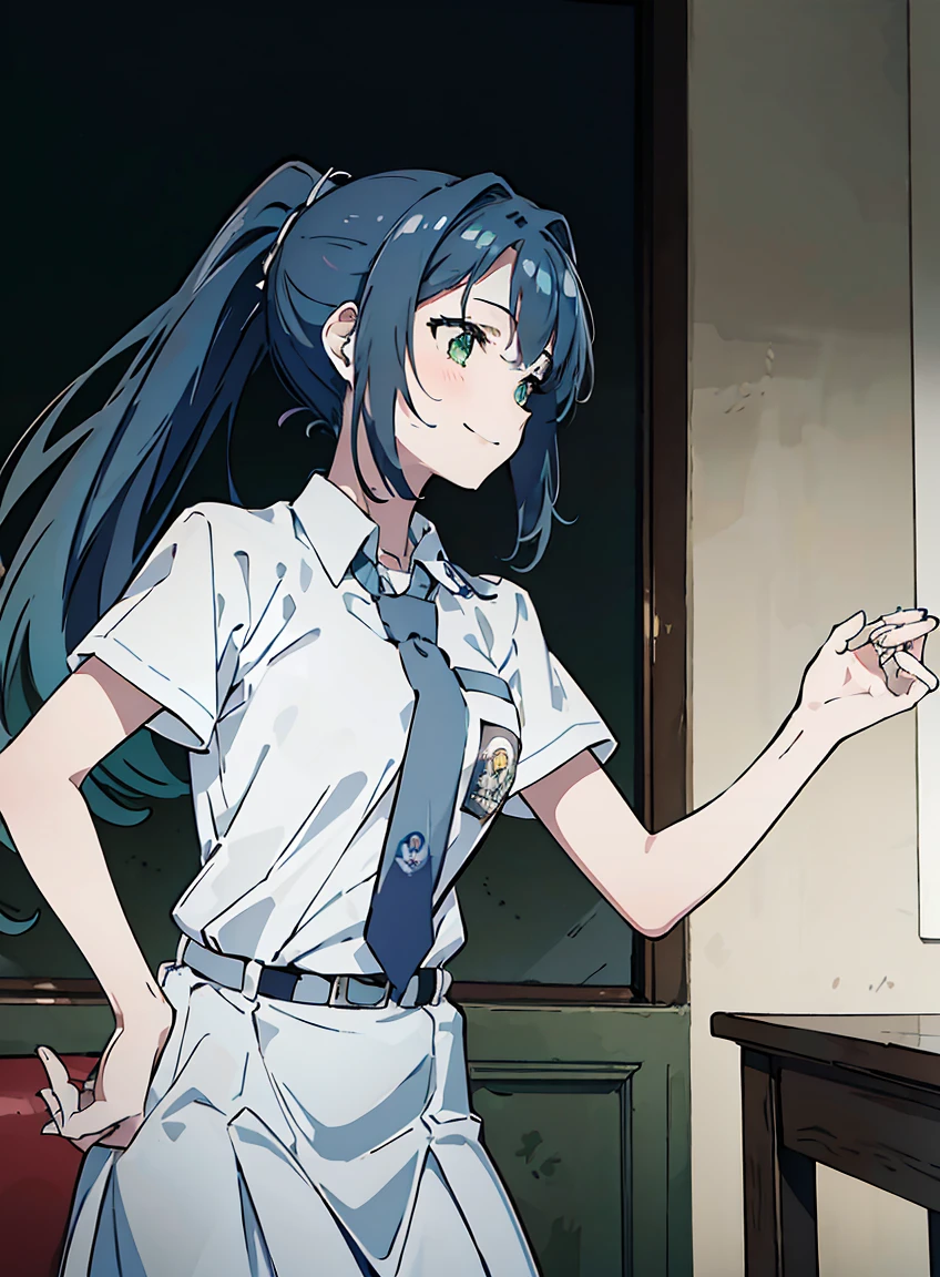 (masterpiece, Best Quality, ultra-detailed, high resolution, extremely detailed CG, official art, Professional Lighting, Perfect Anatomy, anime colors), (1girl), (blue hair), (long hair), (ponytail hair), (green eyes), skinny, medium chest, white dress, happy face, smiling, side view, profile view, looking away, the classroom backgrounds, 1girl, cewe-sma, from fitting, white shirt, short sleeve, light-grey tie, gray skirt, belt, Beautiful and dense face, white skin, dynamic pose, cinematic shot,