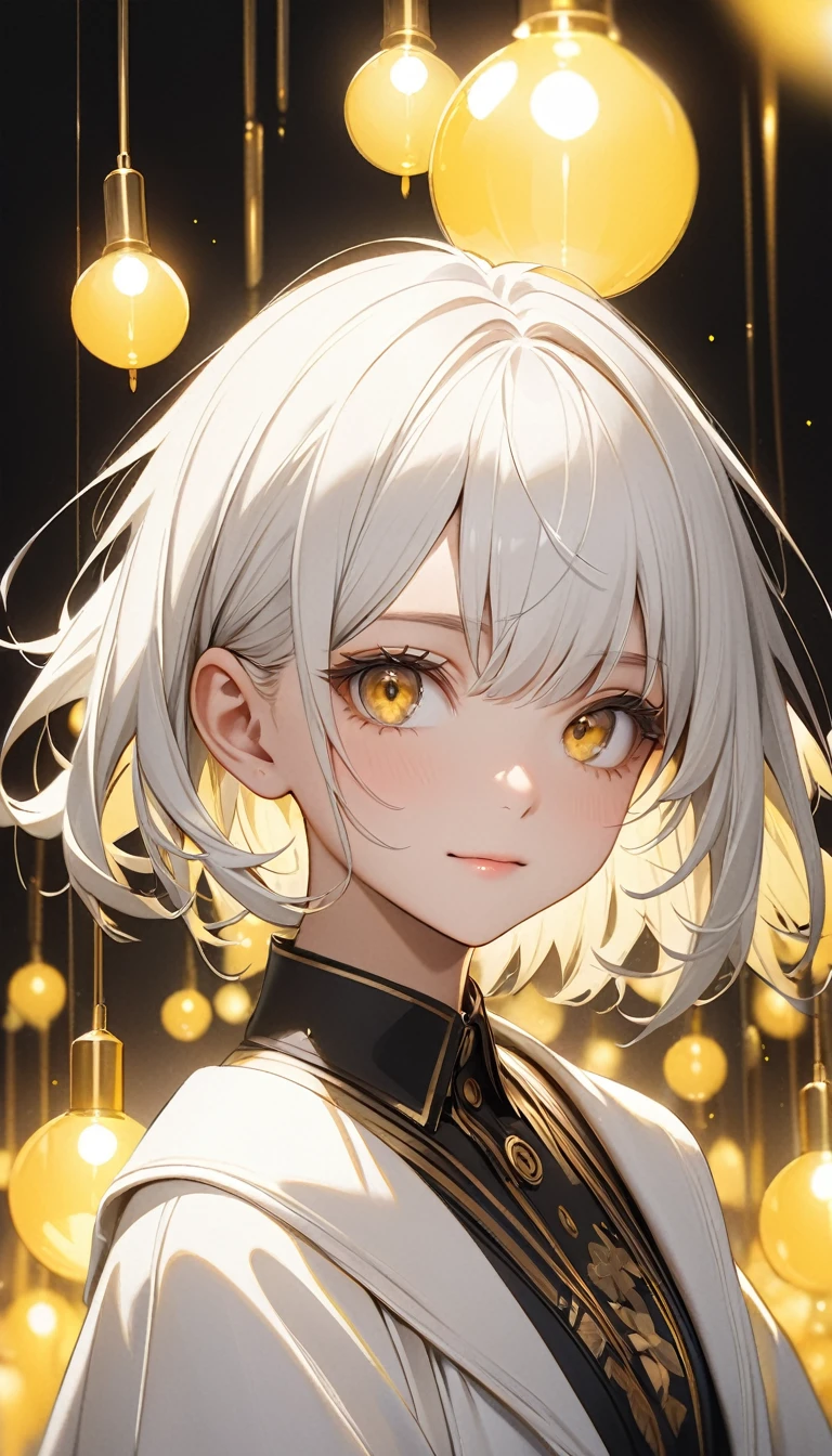 mksks style, 1girl, cute, surrounded by yellow lighting, gold eyes, white hair, black background, closeup, no smile, masterpiece, ultra detailed