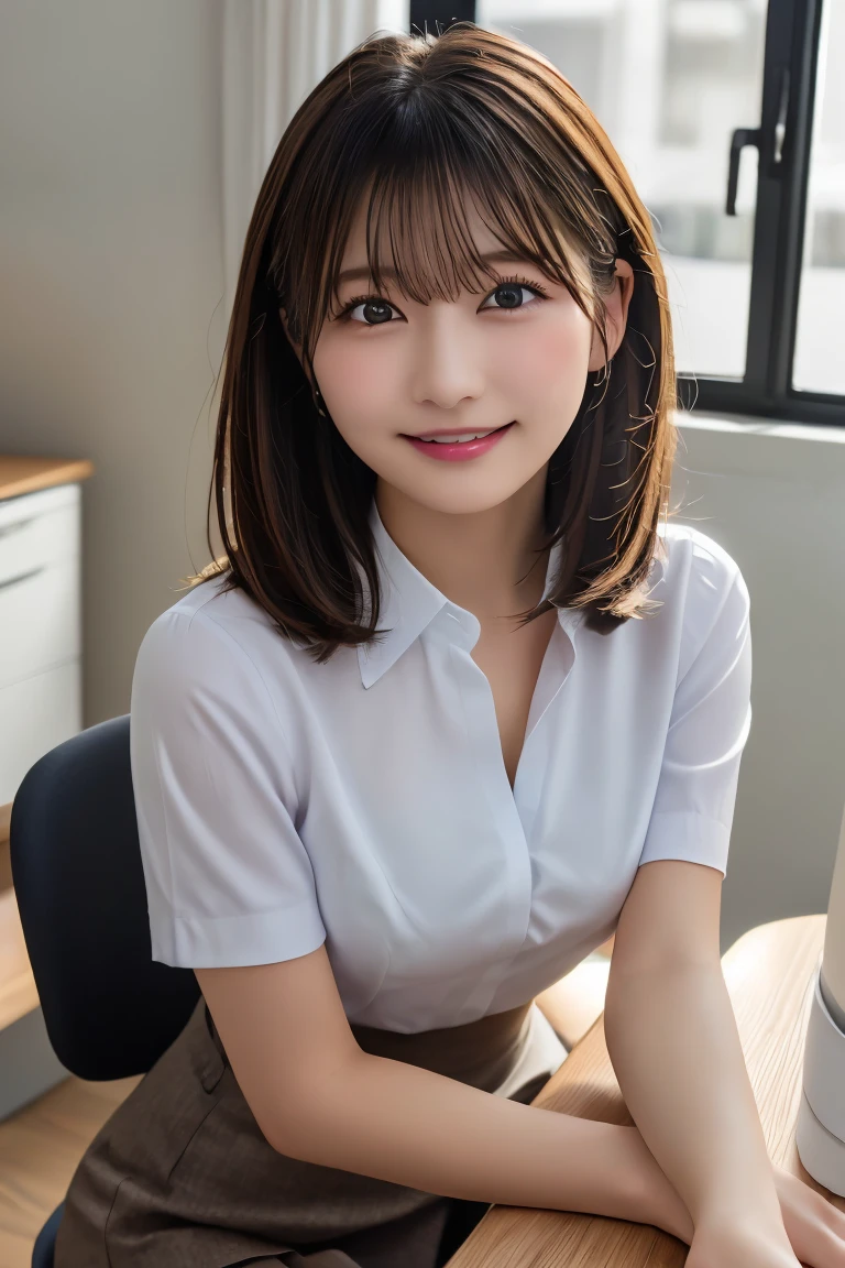 Highest quality, (beautiful)、beautiful女性、Precision Eyes、Brown Hair、Brown eyes、Looking into the camera、Soft Breasts、Medium Hair、Inward curl hair、Straight Hair、Half Up Hair、office、smile、open front business shirt、Sit on a chair、Leaning forward、slouch、Black Mini Tight Skirt、Looking up