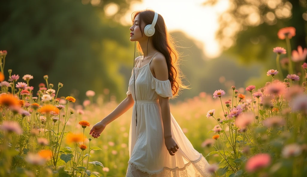 A cute women standing alone outside like nature and flowers standing like upset moving slowly She listening music 🎧 photo size 16:9
