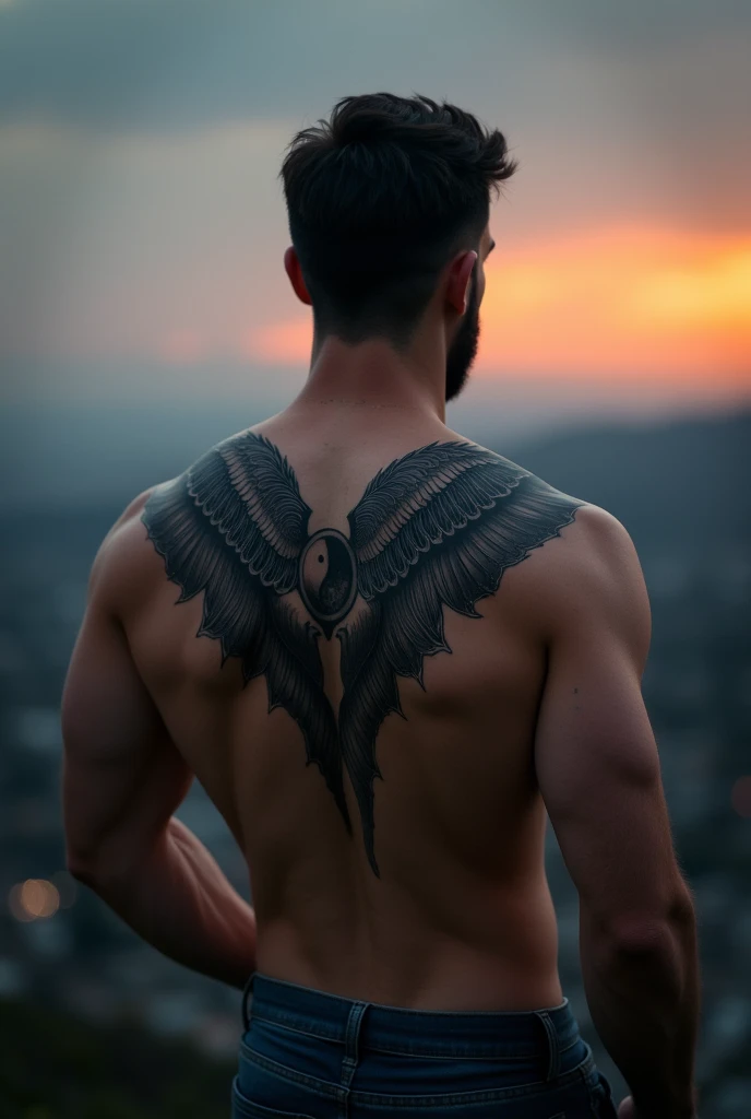 Strong man with his back turned, showing a yin yang tattoo with wings on his back, extending towards his shoulder.