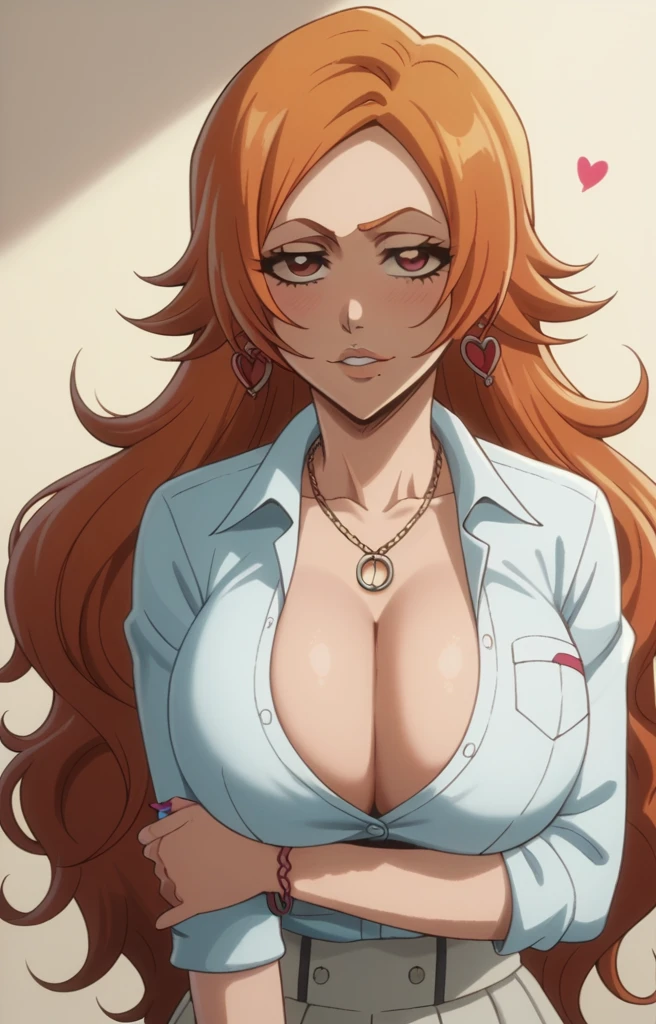 Inoue Orihime,Big breast,white HighSchool uniform with unbuttoned Cleavage,short Grey skirt,lariat necklace,Long pink nail,Hoopa bracelet,Earpiercing,Bleach Anime artstyle,Half eyes open,Stylish Wavy hair,Spouty mouth,Thick lips,view from head to waist,Curvy figure,Big wavy hair,Enchanced breast,tight thights,gaze on viewer,ear visible,bouncy breast,unnatural big breast,crossing arm,short sidehair,Short bang hair,heart shaped Earrings,Light blush,Swaying hips,Enormous Big breast,H cup