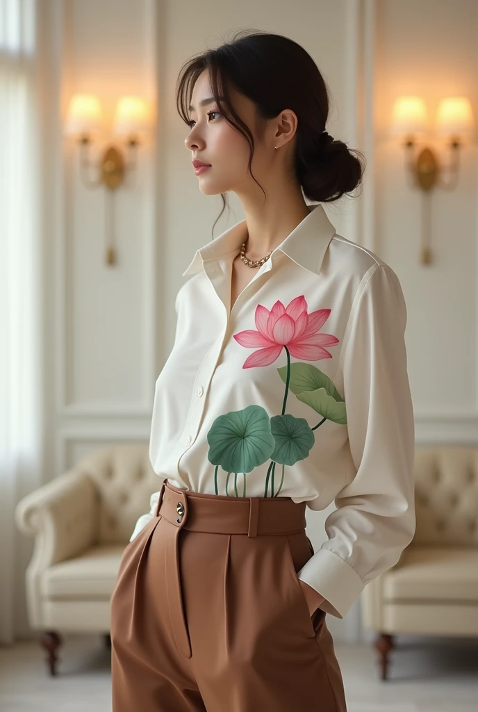 8k image of the model wearing a white tucked-in shirt, printed with an impressive watercolor lotus painting. brown stand-up skirt. Luxurious elegant style. Background with rice white walls, chairs, lamps