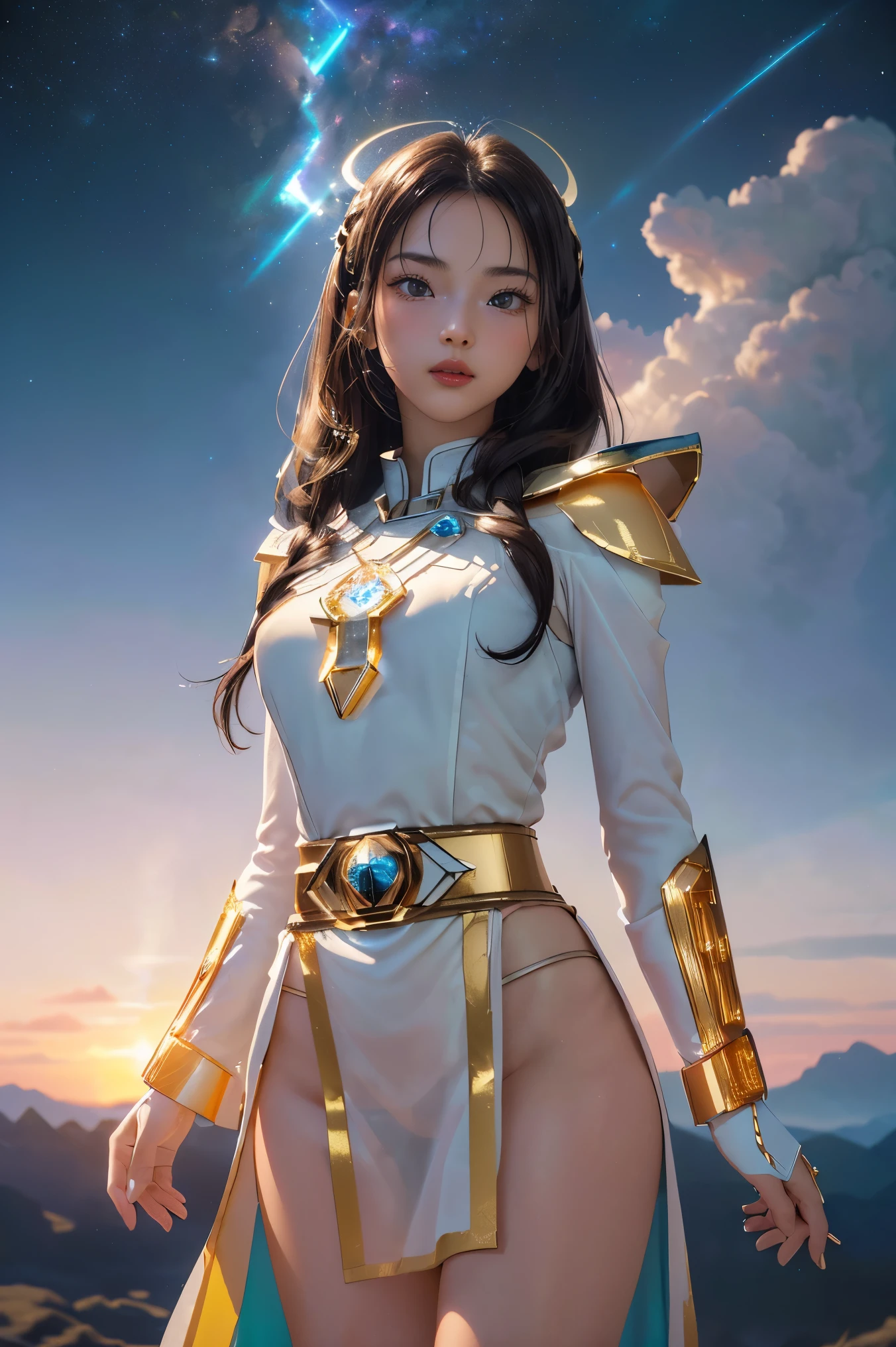 ((masterpiece, best quality, extremely detailed), volumetric lighting, ambient occlusion, colorful, glowing), 1girl, solo, young girl, (dark hair), long hair, halo, aura, sacred, goddess, cleric suit, (power ranger with gold detailst:1.3), seethrough robe, outdoors, sunset, sky, clouds, space, (fantasy theme:1.2),