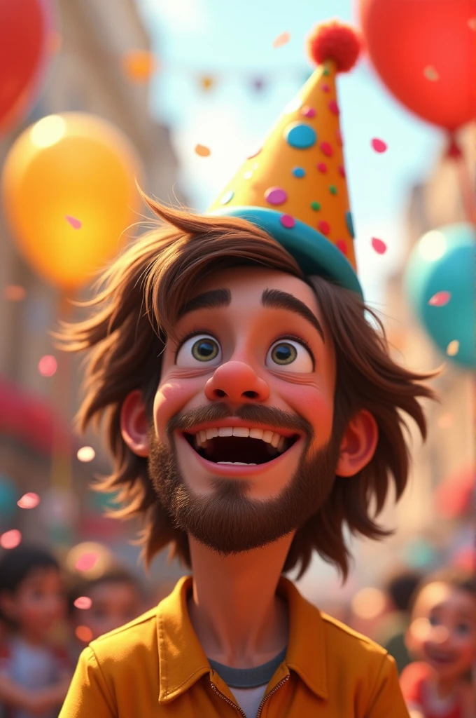 Create art inspired by Pixar animations of a person with brown hair that reaches their shoulders, sem beard, Caucasian skin, with a birthday hat on his head. 