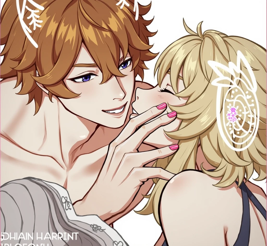 anime, high res image,masterpiece,best quality,2girl,cute face,clear skin, Alhaitham_genshin, Navia_genshin,smile,looking each other,