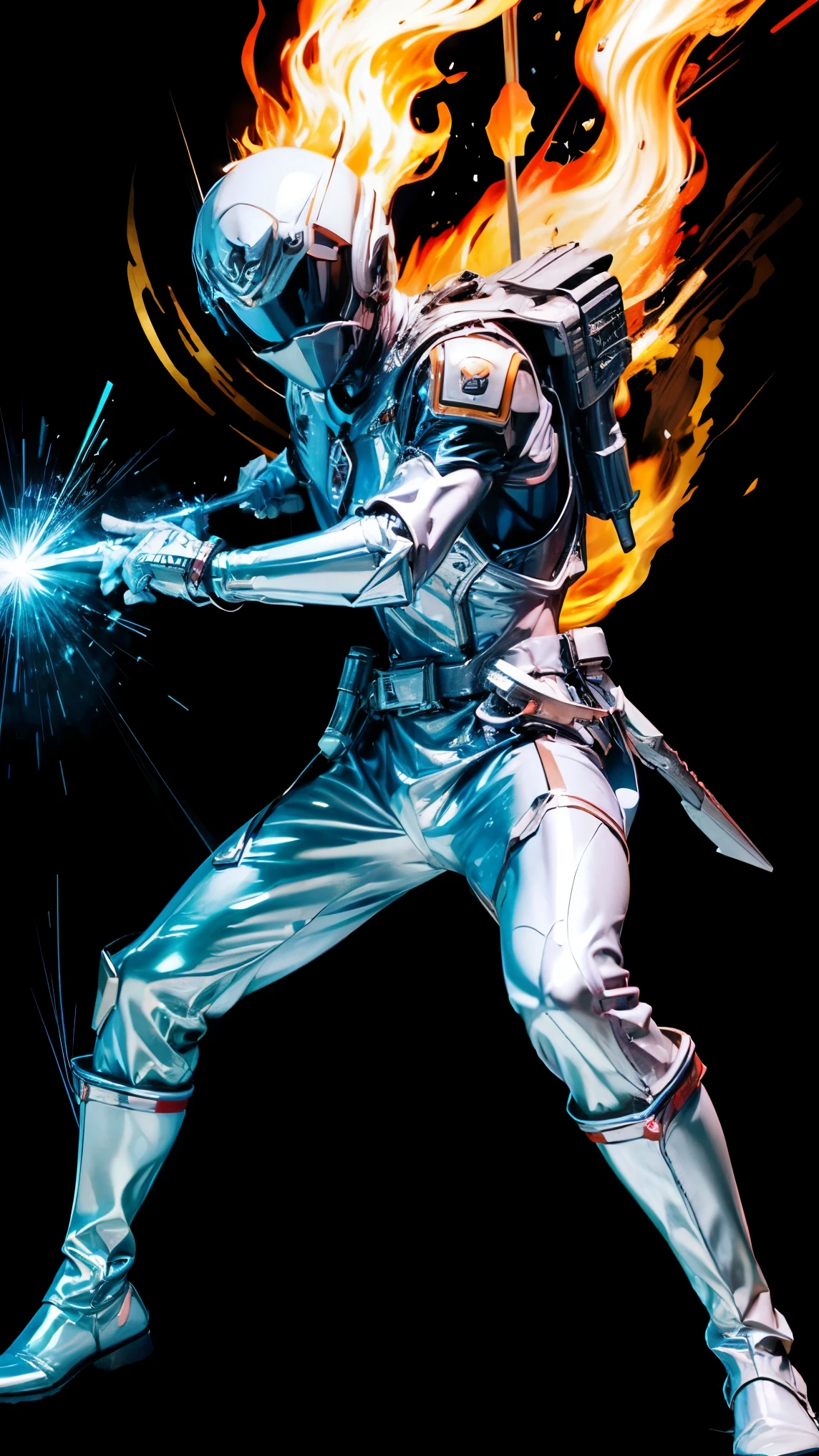 1boy, white, full body, Illustration, cinematic light, high resolution, best quality, ultra detailed, masterpiece, power suit, powerranger, suit, spd, (silver royal guard ranger suit), gold detail, holding white pistol, flowing, light armor,  martial arts, dynamics, flames, particles