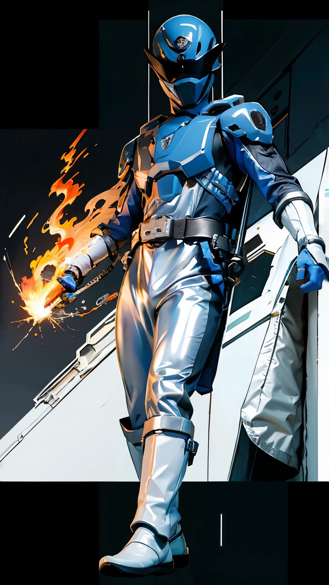 1boy, white, full body, Illustration, cinematic light, high resolution, best quality, ultra detailed, masterpiece, power suit, powerranger, suit, spd, (silver royal guard ranger suit), gold detail, holding white pistol, flowing, light armor,  martial arts, dynamics, flames, particles