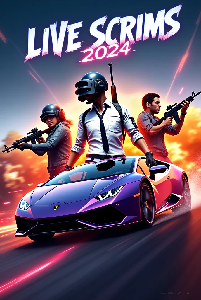 Create pubg Banner
Including characters _sara_andy_carlo
Including _akm gun m416 glacier
Include headline - Live scrims 2024
Take flashy background
Take Lamborghini car
