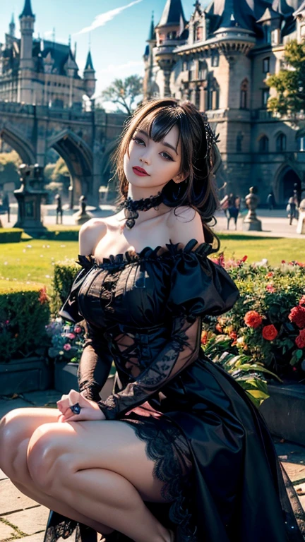 (((Gothic Fashion:1.3)),(((Lace off-the-shoulder dress))),(((Outfit with intricate lace detailing))),(Accentuate larger breasts:1.3),(European castle background:1.3),Cinderella Castle,(Flowerbed with colorful flowers blooming in the garden),(Squat:1.3),Cute and beautiful,Cute round face,Cute Smile,blush,Bold Lipstick,(Half Up、Voluminous fishtail braid,Twisted pan,),(The bangs are see-through),hairpin,hair ornaments,Detailed clothing features,Detailed hair features,Detailed facial features,(Dynamic Angle),(Dynamic and sexy pose),Professional Lighting,Cinematic Light,(Highest quality,Ultra-high resolution output images, Written boundary depth,) ,(32k quality,Written boundary depth,Anatomically correct facial structure,),(SeaArt 2 Mode:1.3),(Picture Mode Ultra HD,)